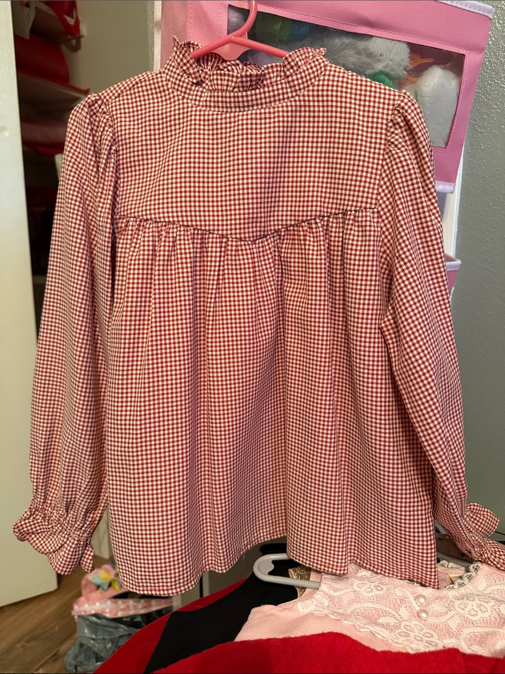 Red Gingham Ruffle-Yoke Long Sleeve Blouse